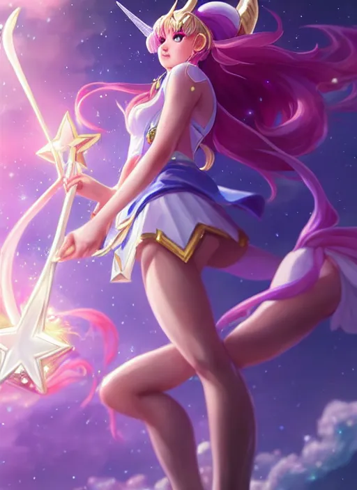 Image similar to full body portrait of a magical star guardian. detailed face, concept art, intricate, highly detailed 8 k, smooth, sharp focus, beautiful and aesthetic shape of face and body, artgerm, artstation, art by zexi guo and nira and junpei suzuki and gharliera and rinotuna