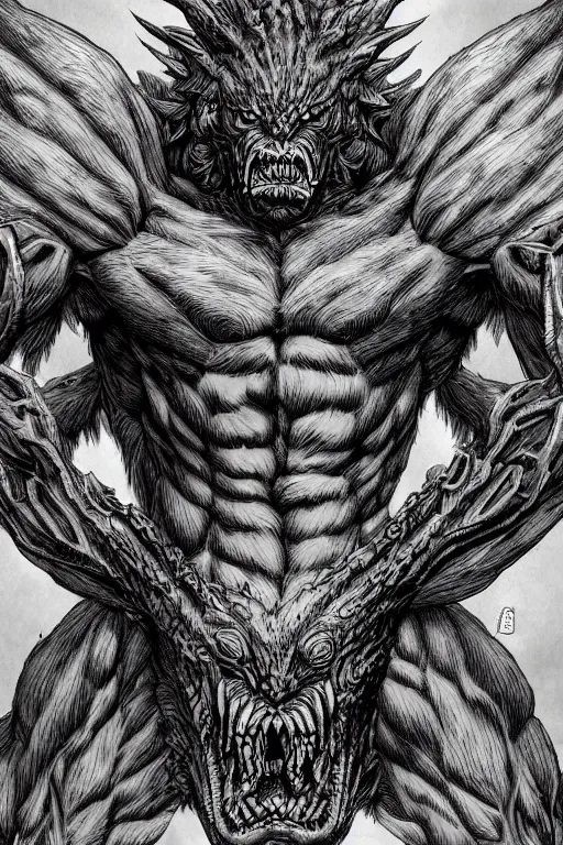 Image similar to humanoid figure beast monster, highly detailed, digital art, sharp focus, trending on art station, kentaro miura manga art style