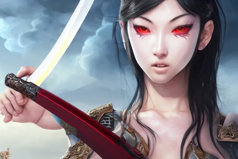 Image similar to beautiful girl holding a red eye imprinted ego sword at the top of clouds, dawn, highlight on the blade, extremely detailed and beautiful aesthetic face, seductive pose, super detailed eyes, highly detailed, digital painting, highlight scene of the movie, smooth, illustration, unreal engine 5, 8 k, art by hiroaki samura and jiro matsumoto and yusuke murata