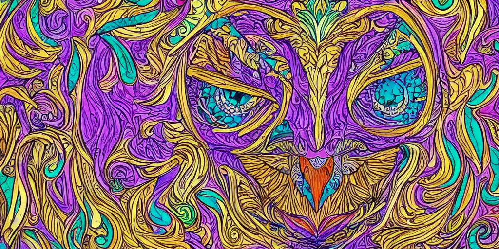 Image similar to Owl head in the style of art nouveau, colorful, detailed, hyper-detailed, fractals