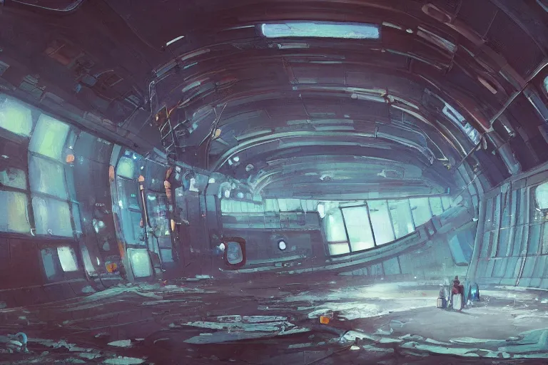 Image similar to A beautiful painting of inside in abandoned rusty space station from kindzadza, Trending on artstation.