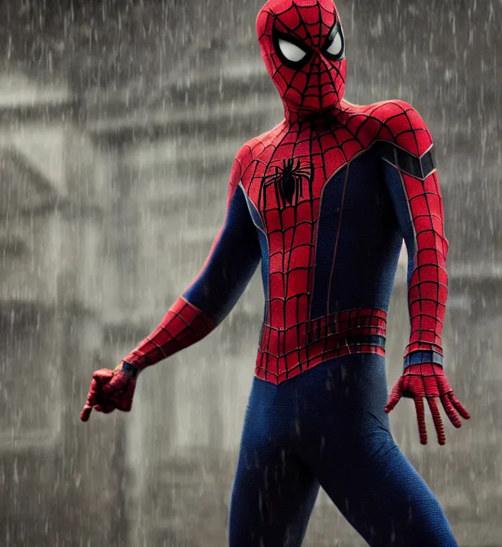 Prompt: movie still of tobey maguire as spiderman, dramatic rain, 8 k, moody lighting, emotional