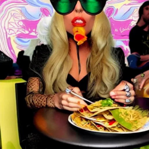 Image similar to lady gaga eating tacos, psychedelic