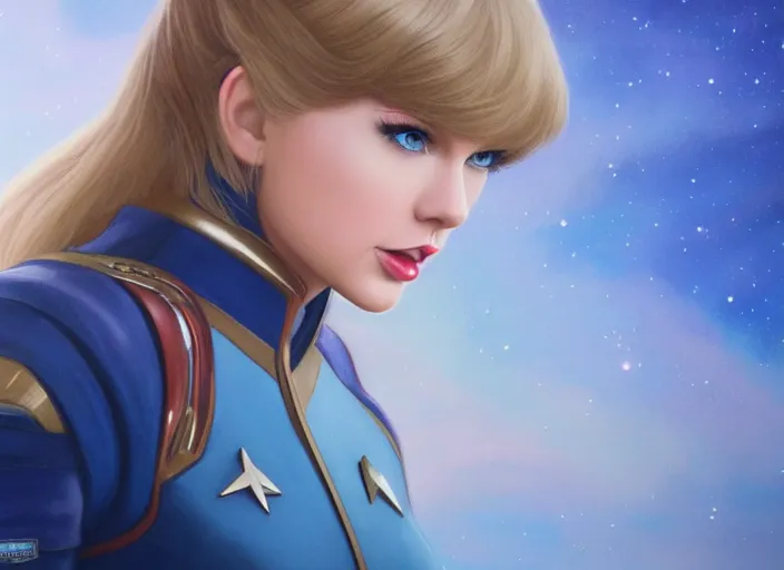 Image similar to a disney film still of taylor swift as a star trek officer, finely detailed features, closeup of the face, perfect art, dusk, blue hour, gapmoe yandere grimdark, trending on pixiv fanbox, painted by greg rutkowski, makoto shinkai, takashi takeuchi, alphonse mucha, akihiko yoshida