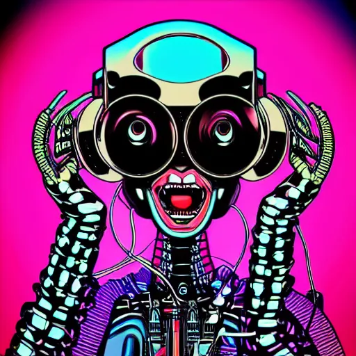 Prompt: artgerm, psychedelic laughing cybertronic robot, rocking out, headphones dj rave, digital artwork, r. crumb, svg vector