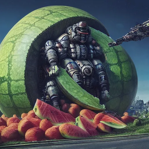 Prompt: Concept Digital Art Highly detailed giant Watermelon warlord protecting Ukrainian city from Orks by Stephen Hickman and Beeple. Very highly detailed 8K,Pentax 67, Kodak Portra 400 in style of Hiromasa Ogura Ghost in the Shell, the golden ratio, rational painting