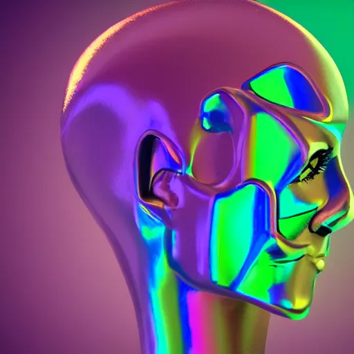 Image similar to 3d render of holographic human robotic head made of glossy iridescent, surrealistic 3d illustration of a human face non-binary, non binary model, 3d model human, cryengine, made of holographic texture, holographic material, holographic rainbow, concept of cyborg and artificial intelligence