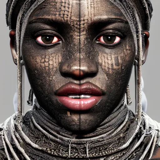 Image similar to : black human with ancient pattern skin all over hyper detailed art station  dalle2 unity contest winners unrealengine trending on artstation,cinematic, hyper realism, high detail, octane render, 8k
