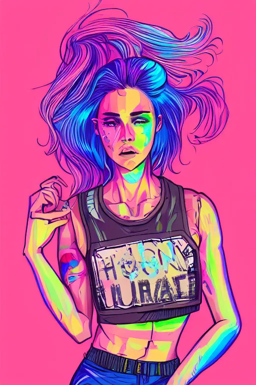 Image similar to a award winning half body portrait of a beautiful woman with stunning eyes in a printed croptop and cargo pants with rainbow colored ombre hairstyle head in motion and hair flying by josan gonzales, outrun, vaporware, shaded flat illustration, digital art, trending on artstation, highly detailed, fine detail, intricate