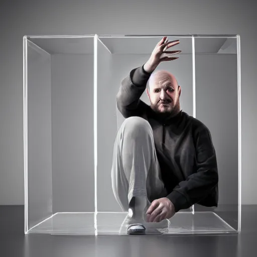 Prompt: man with gigantism trapped inside of a small thick plexiglass cube, hyper - realistic, extremely detailed, gray studio setting, studio lighting, soft lighting