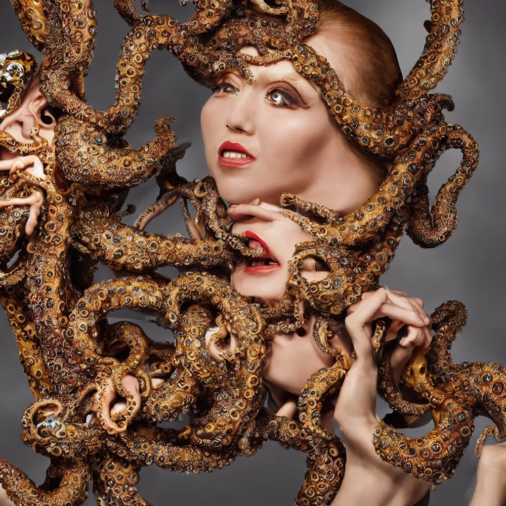 Image similar to a high-resolution color-chrome extreme closeup portrait photo of a octopus kissing a incredible elegant pale renaissance rococo Queen, with ornate jewelled, rococo Queen, sci-fi, high-tech, beautiful low light, style Steve McCurry Octane render 8k