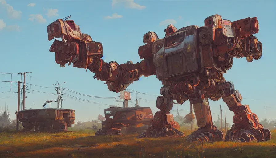 Prompt: an intricate oil painting of a giant japanese calico cat armored mecha with by simon stalenhag