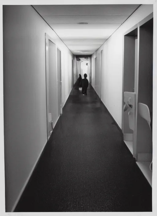 Image similar to hospital hallway with a devilish demon at the end, back rooms, liminal horror, uncanny valley, found footage horror movie, shot on expired kodak tri - x film, extremely unsettling