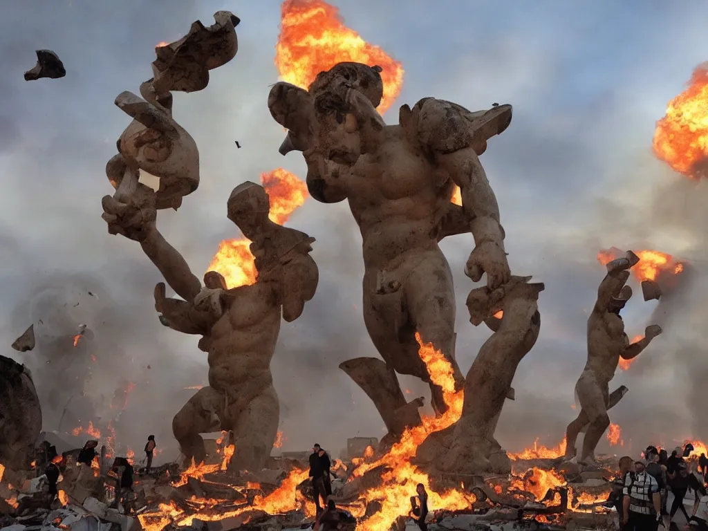 Image similar to giant greek statues attacking a city, ciry destruction ruins, debris flying around, swirls of fire