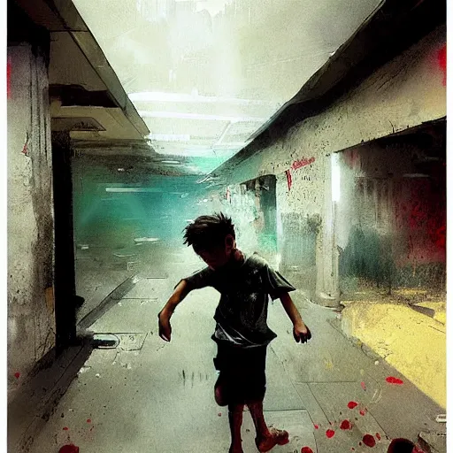 Image similar to a boy playing in a hdb void deck, by greg rutkowski