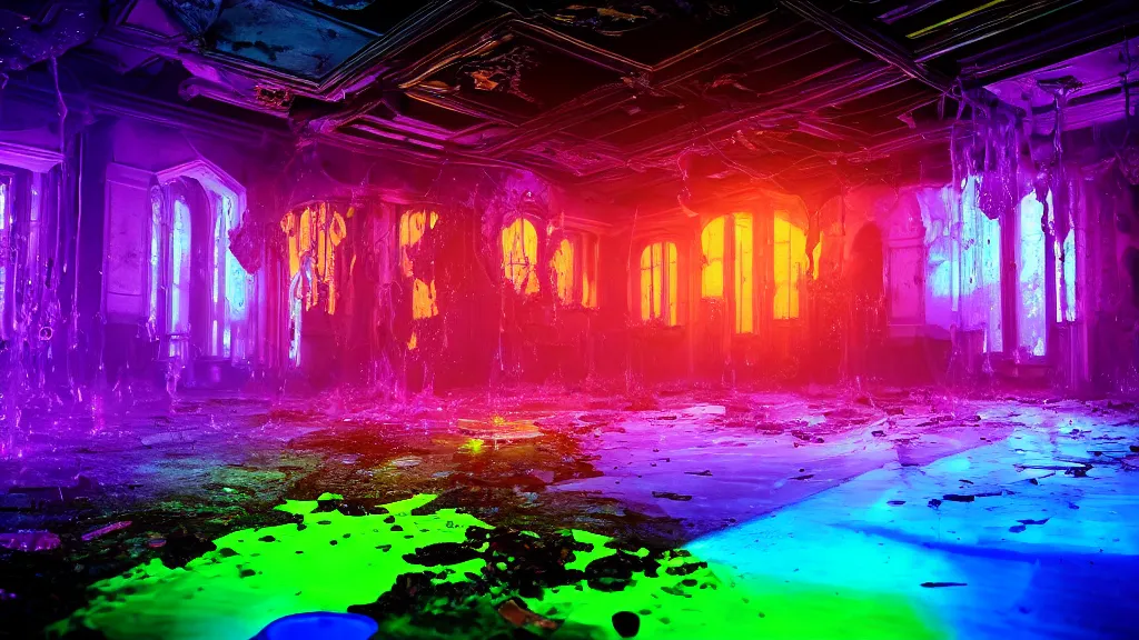 Image similar to multi - colored slime and debris pouring from the ceiling in a large gothic cracked steampunk room spilling over the transparent floor and splashing large glowing luminescent neon drops, field - blur, floodlight, argand lamp, 4 k