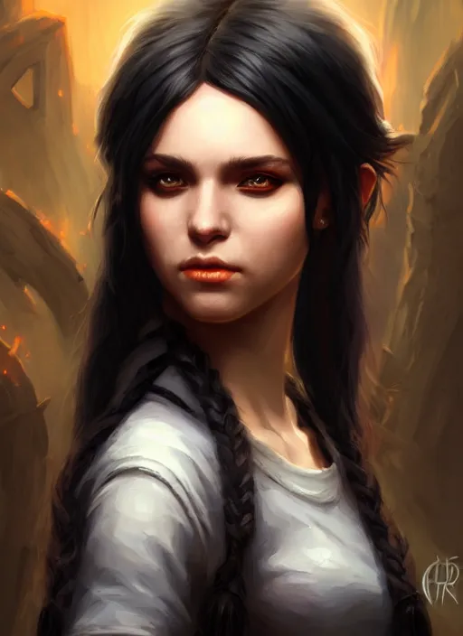 Image similar to a _ fantasy _ style _ portrait _ painting _ of young adult, black fringe hair, round face, rpg dnd oil _ painting _ unreal _ 5 _ daz. _ rpg _ portrait _ extremely _ detailed _ artgerm _ greg _ rutkowski _ greg