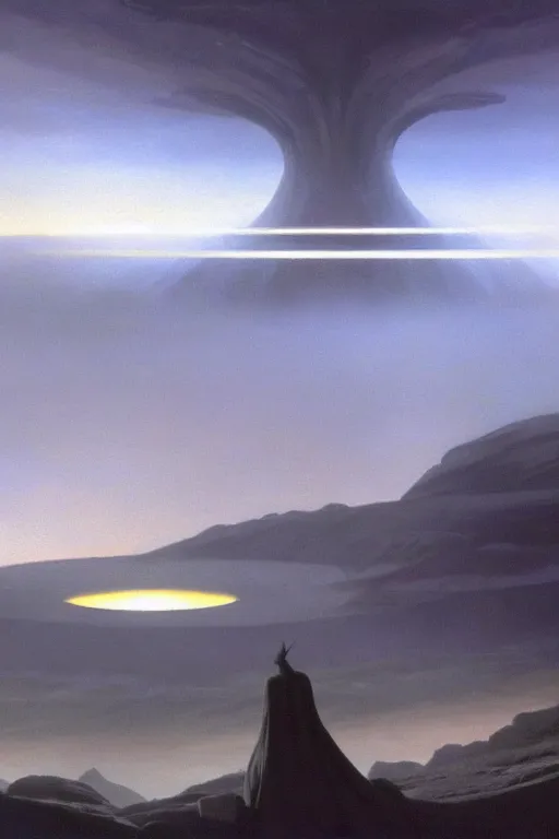 Image similar to ralph mcquarrie, terrence namey, concept art, matte painting, dark epic sci fi landscape dawn mist halo, by dawe gabriel and dean roger