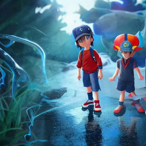 Prompt: a photorealistic illustration of ash ketchum and brock and misty in squid game, 4 k, aerial photography, ultrawide lens, art by john collier and albert aublet and krenz cushart and artem demura and alphonse mucha, volumetric lighting, octane render, trending on artstation, masterpiece