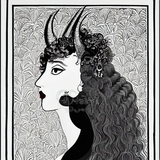 Image similar to filigree detailed illustration portrait of a profile of gypsy half - girl half - goat with long curly hair and big goat horns on her head, aubrey beardsley, makoto shinkai, greek graphics