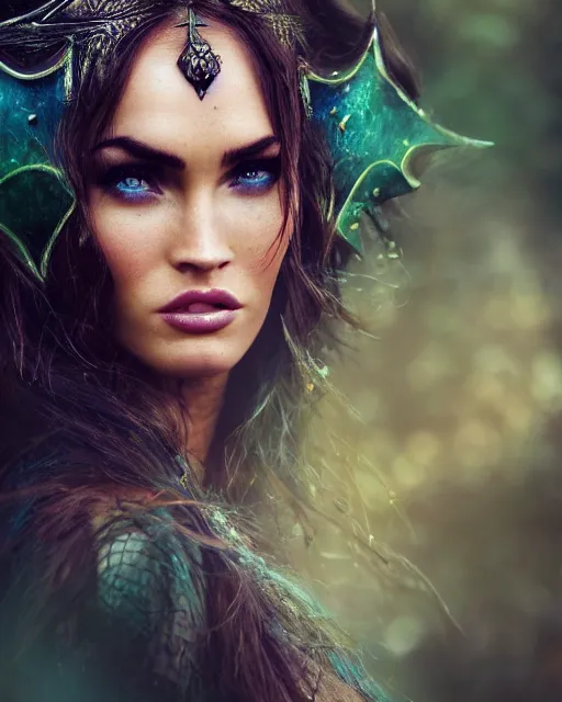 Prompt: photorealistic head and shoulders photo of beautiful mage magical enchantress female ornate fantasy elf warrior goddess, megan fox, wind blown hair, arney freytag, Magic the gathering,octane, bokeh, 8k, fashion pose, cinematic, 28mm