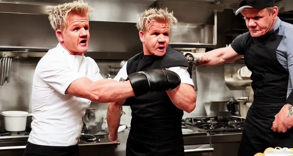 Image similar to photo of angry furious Gordon Ramsay punching Gordon Ramsay at the kitchen