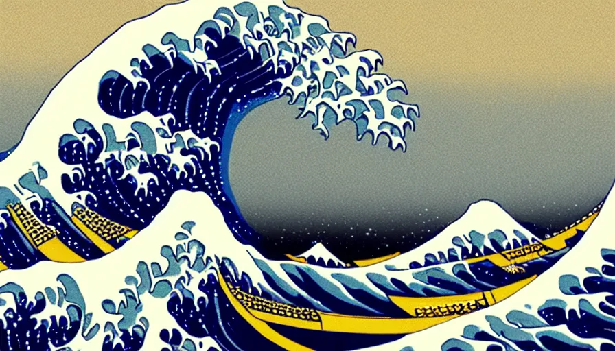 Prompt: the great wave off kanagawa, irresistible, artstation, professional, realistic, cinematic, establishing shot