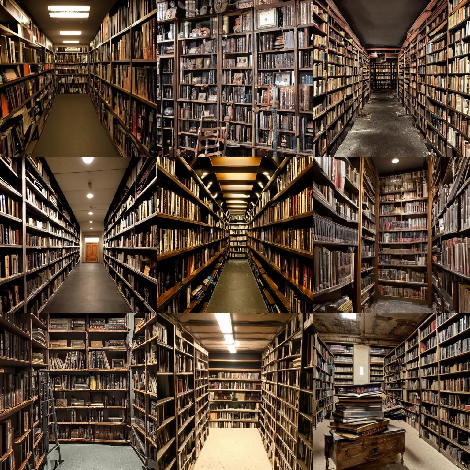 Prompt: dark gloomy shadowy midnight crypt room with many shelves filled with tomes