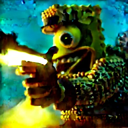 Image similar to high detail movie still of ultra realistic spongebob squarepants shooting an ak - 4 7 machine gun with muzzle flash, cinematic framing rule of thirds, cinematic light, hard shadows, in the style of the movie lone survivor,