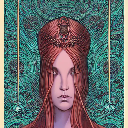 Image similar to an ancient goddess, by Moebius and jenny Frison, chromostereopsis