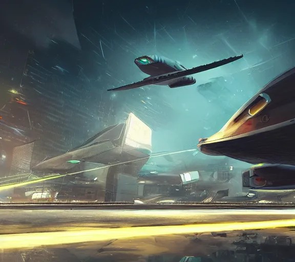 Image similar to futuristic sci fi jet lands at runway of cyberpunk city, night photo ,dark cinematic lighting , digital concept art