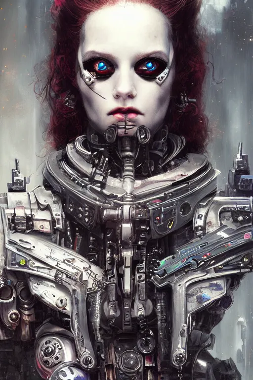 Image similar to portrait of beautiful young gothic cyborg maiden, cyberpunk, Warhammer, highly detailed, artstation, illustration, art by Gustav Klimt