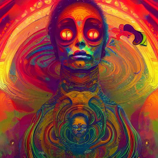 Image similar to An extremely psychedelic experience, colorful, surreal, dramatic lighting, cosmonaut, LSD, face, detailed, intricate, elegant, highly detailed, digital painting, artstation, concept art, smooth, sharp focus, illustration, art by Sam Spratt, Dan Mumford, Artem Demura and Alphonse Mucha