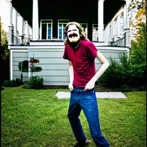 Image similar to bearded long - haired bo burnham outside of his house, smiling and dancing