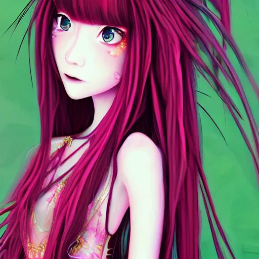 Image similar to girl with an eccentric pink haircut wearing an long dress made of feathers, full character, realistic art work, cgi, anime, 8 k, ultra hd, sketch anime