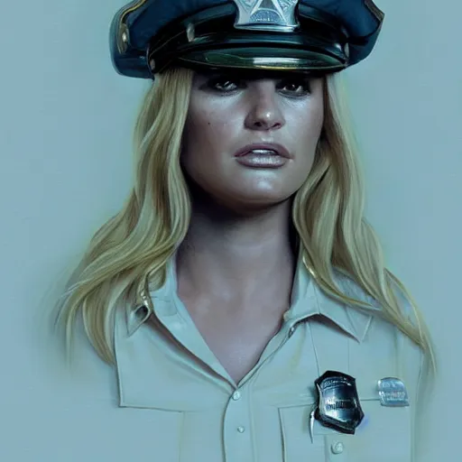 Image similar to jessica simpson as a cop, portrait face and bust in view, haunted house interior, pretty, aesthetic, matte detailed photo, DeviantArt, Artstation, by donato giancola, ralph horley, loish, cinematic lighting