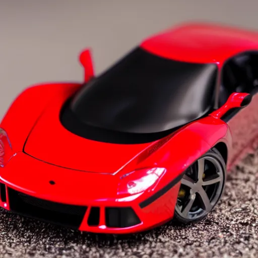 Prompt: a close up of a hotwheel supercar it has a red and black paint job, photoreal, car photography, hotwheels, award winning, supercar