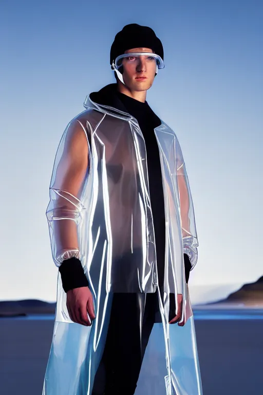 Image similar to an ultra high definition professional high fashion portrait studio full length photograph of a male model wearing a transparent pearlescent raincoat and neon visor in an icelandic black rock environment at dawn. no artefacts. extremely detailed. stark. refraction. shallow depth of field. volumetric light and shadow. ray tracing. light rays.