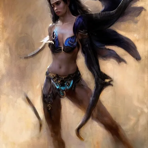 Image similar to nagas, female, long, black scales, chest coverd, cinematographic shot, by daniel f. gerhartz