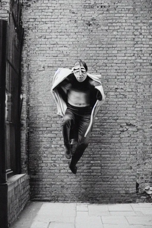 Prompt: 35mm photo of a drunk superman in a London alley