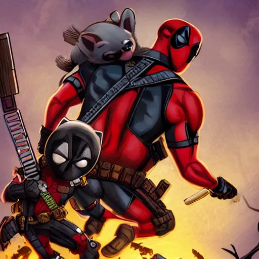 Image similar to deadpool and rocket raccoon in the woods digital art 4 k detailed