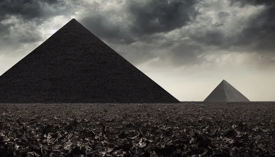 Image similar to a vast wasteland, 1 colossal black pyramid, dried leaves, dark clouds, cinematic lighting, trending on artstation, national geographic photography, digital painting, elaborate matte painting