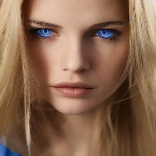 Image similar to Close up 35mm nikon photo of the left side of the head of a dressed young blond model with gorgeous blue irises and wavy long blond hair, who looks directly at the camera. ,.