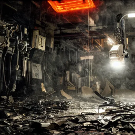 Image similar to augmented human repairing weapon made from old egg beater, dark messy smoke - filled cluttered workshop, dark, dramatic lighting, orange tint, cinematic, highly detailed, sci - fi, futuristic, movie still from blade runner