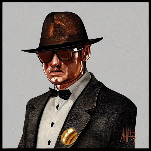 Image similar to “A portrait of a mafia boss in a golden suit, D&D sci-fi, artstation, concept art, highly detailed.”