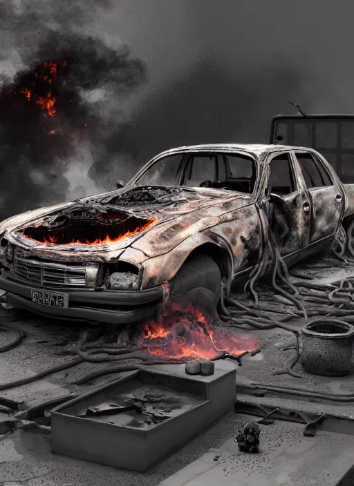 Image similar to a big woman intertwined axolotl in burning wrecked mercedes 1 2 4, ultrafine hyperdetailed illustration by kim jung gi, masterpiece. rendered in blender, ultra realistic, smooth shadows, ultra detail, high resolution, cinematic, unreal 6, 8 k