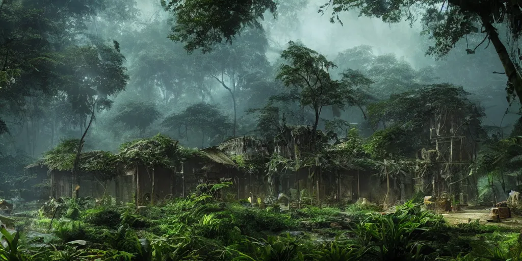 Image similar to high contrast render of a village hidden in the jungle by greg rutkowski, octane render, 8 k, artstation