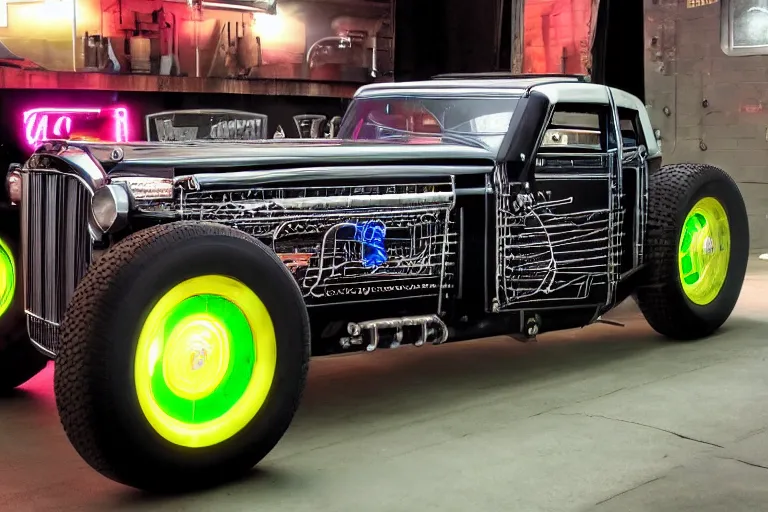 Image similar to cyberpunk version of a 1 9 3 0 cadillac v 1 6, neon