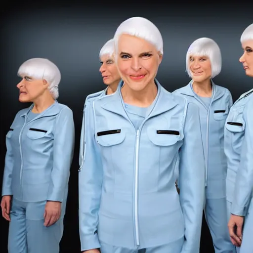 Image similar to troop of 9 0 year old women with white bob hairdos, tight light blue neopren pilot suits, futuristic cloning facility, sci - fi, highly detailed, cinematic