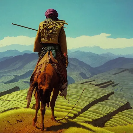 Prompt: cyberpunk afghan cowboy outrider standing atop a ridge, viewing rolling hills covered in rice terraces. c. leyendecker, simon stalenhag, studio ghibli, barlowe, audobon and beksinski